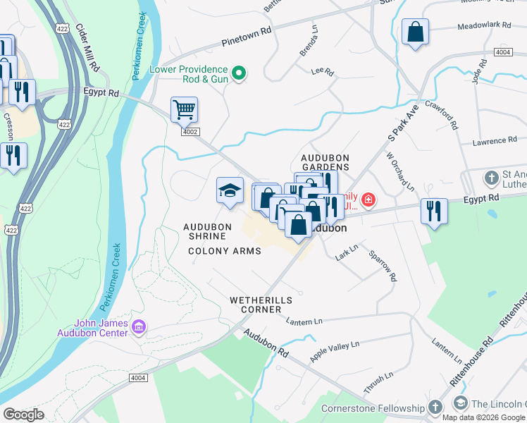 map of restaurants, bars, coffee shops, grocery stores, and more near 2870 Audubon Village Drive in Audubon
