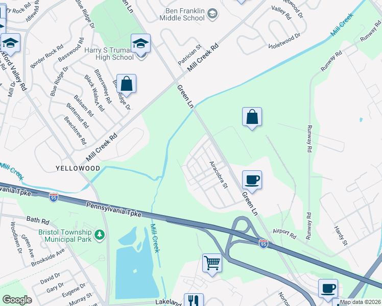 map of restaurants, bars, coffee shops, grocery stores, and more near 5702 Fleetwing Drive in Levittown