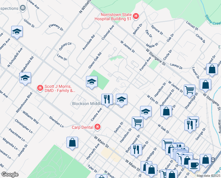 map of restaurants, bars, coffee shops, grocery stores, and more near in Norristown