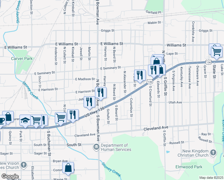 map of restaurants, bars, coffee shops, grocery stores, and more near 107 North Beard Street in Danville