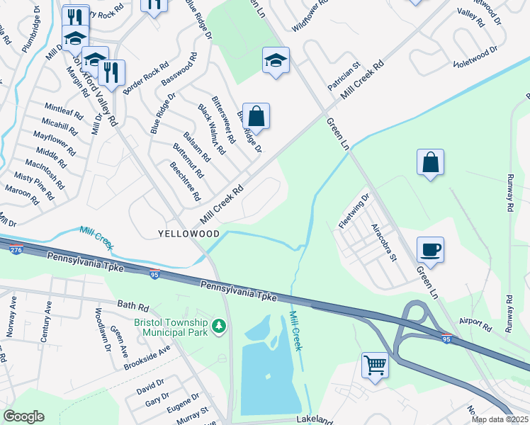 map of restaurants, bars, coffee shops, grocery stores, and more near 46 Yellowood Drive in Levittown