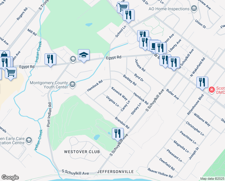 map of restaurants, bars, coffee shops, grocery stores, and more near 2004 Keswick Way in Norristown