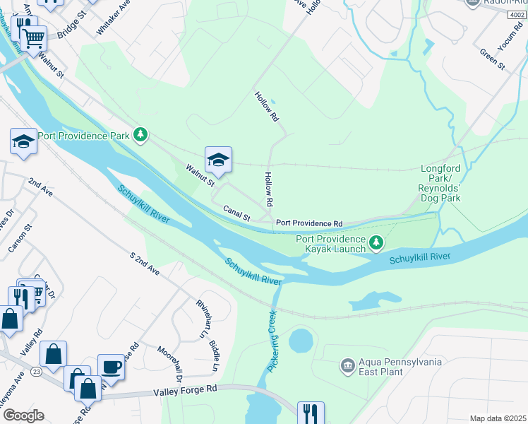 map of restaurants, bars, coffee shops, grocery stores, and more near 115 Store Street in Phoenixville