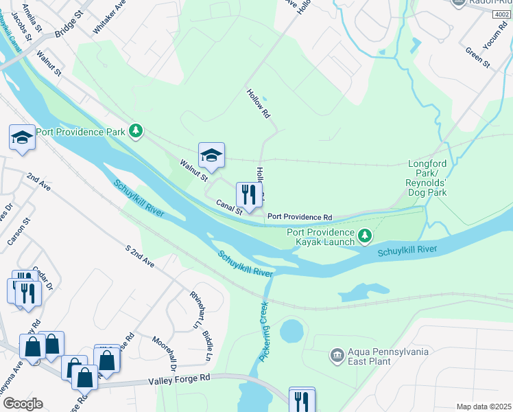 map of restaurants, bars, coffee shops, grocery stores, and more near 115 Store Street in Phoenixville