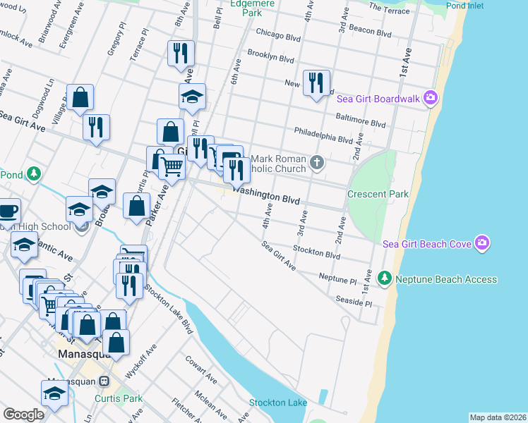map of restaurants, bars, coffee shops, grocery stores, and more near 402 Trenton Boulevard in Sea Girt