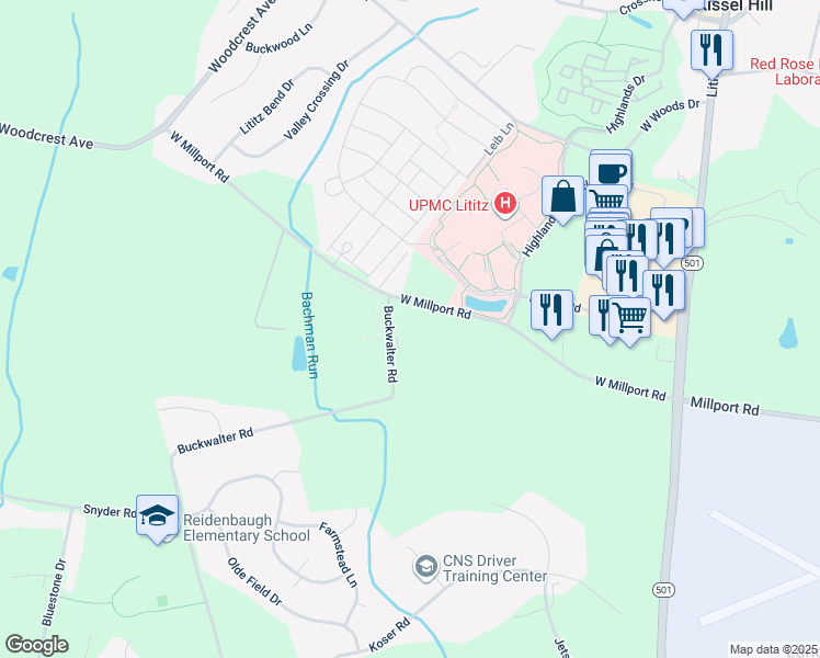 map of restaurants, bars, coffee shops, grocery stores, and more near 80 West Millport Road in Lititz