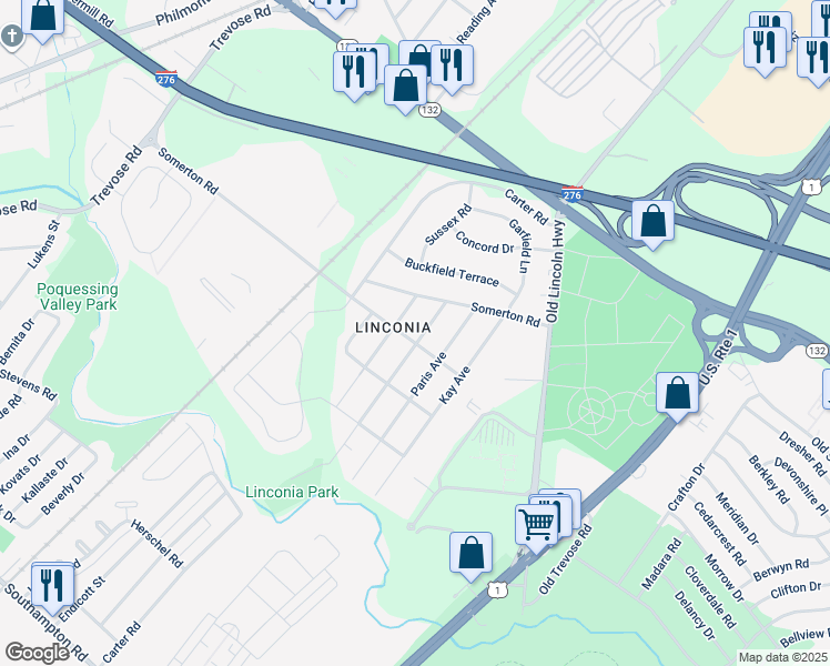 map of restaurants, bars, coffee shops, grocery stores, and more near 2610 Linconia Avenue in Trevose