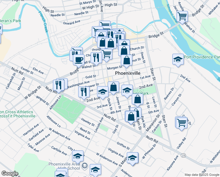 map of restaurants, bars, coffee shops, grocery stores, and more near 306 Gay Street in Phoenixville