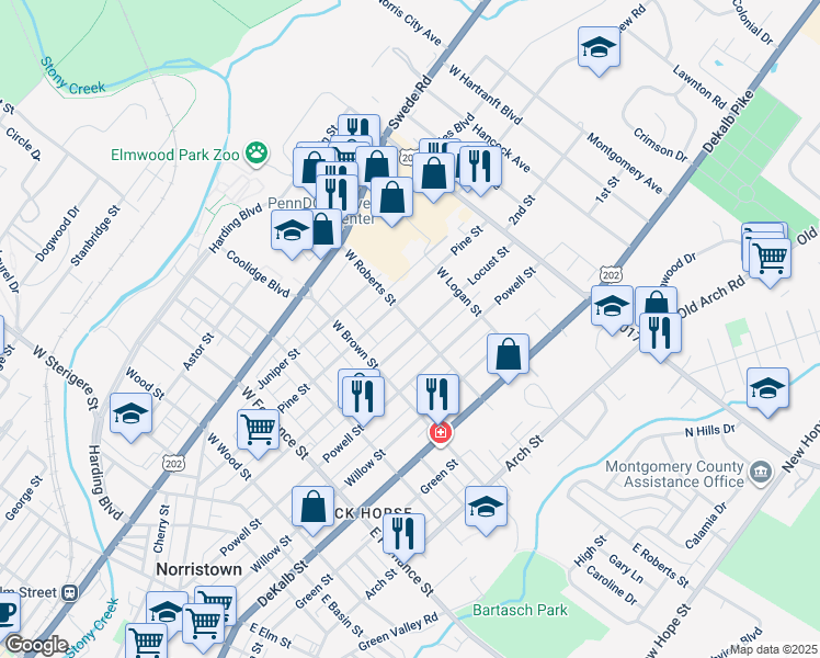 map of restaurants, bars, coffee shops, grocery stores, and more near 1651 Locust Street in Norristown