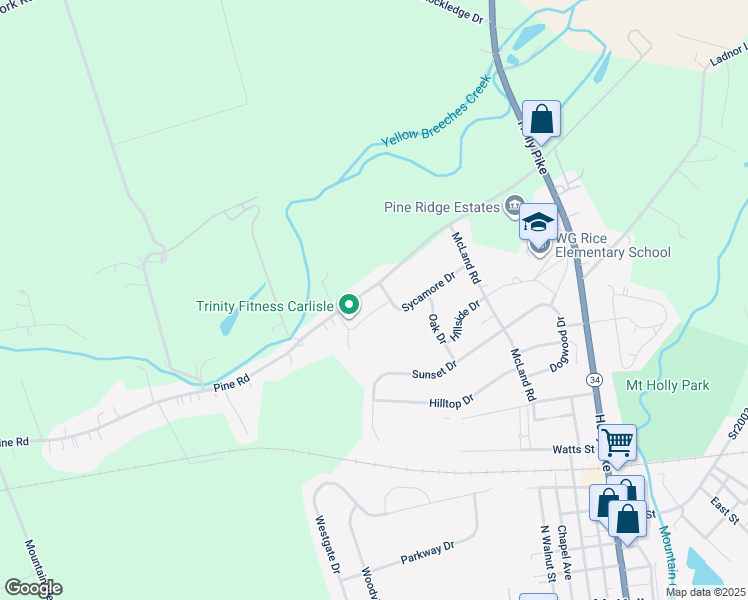 map of restaurants, bars, coffee shops, grocery stores, and more near 205 Pine Road in Mount Holly Springs