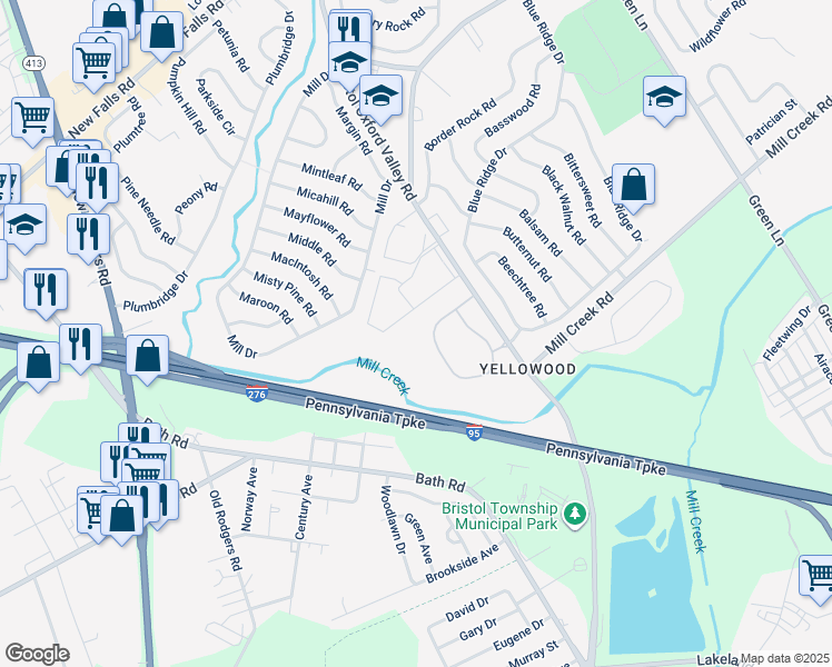 map of restaurants, bars, coffee shops, grocery stores, and more near 181 Devon Way in Levittown