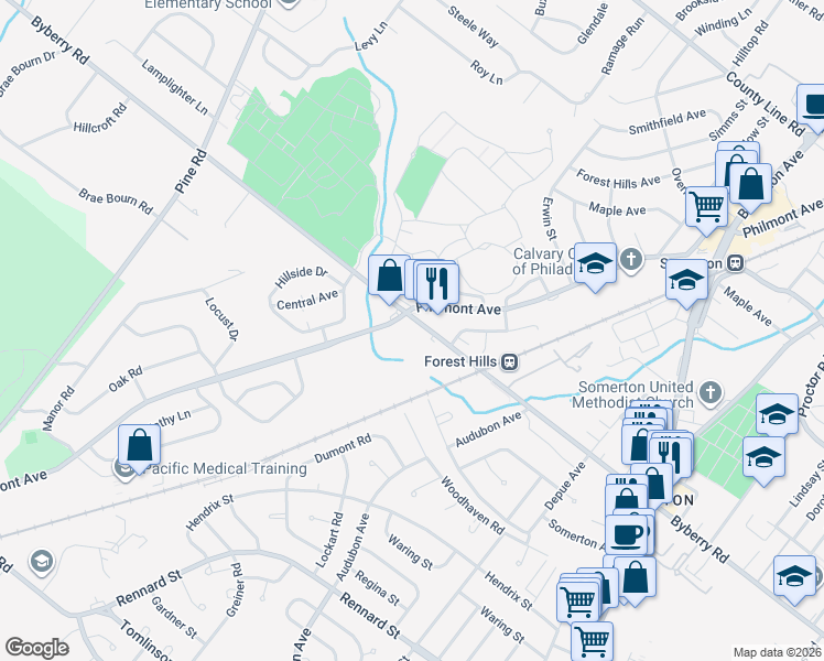 map of restaurants, bars, coffee shops, grocery stores, and more near 110 Byberry Road in Philadelphia