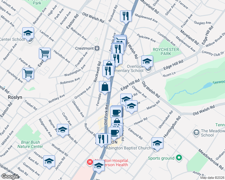 map of restaurants, bars, coffee shops, grocery stores, and more near 1550 Old York Road in Abington
