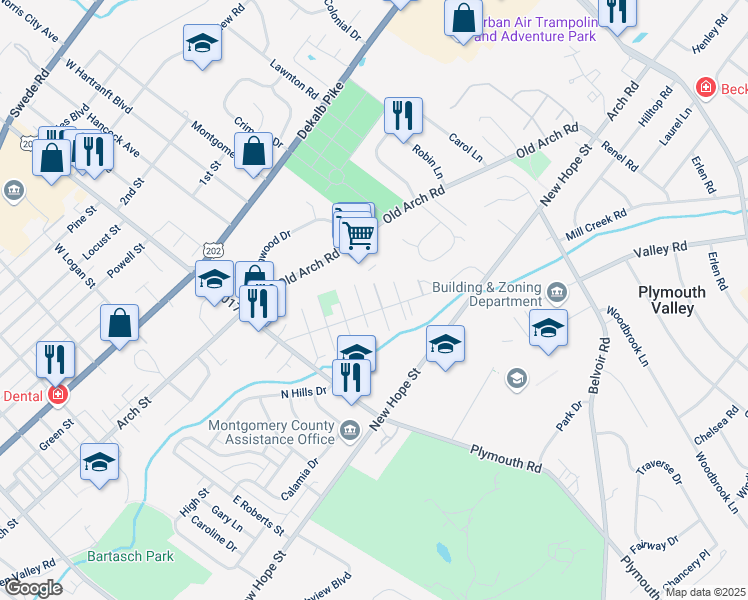 map of restaurants, bars, coffee shops, grocery stores, and more near 319 Warsaw Street in East Norriton