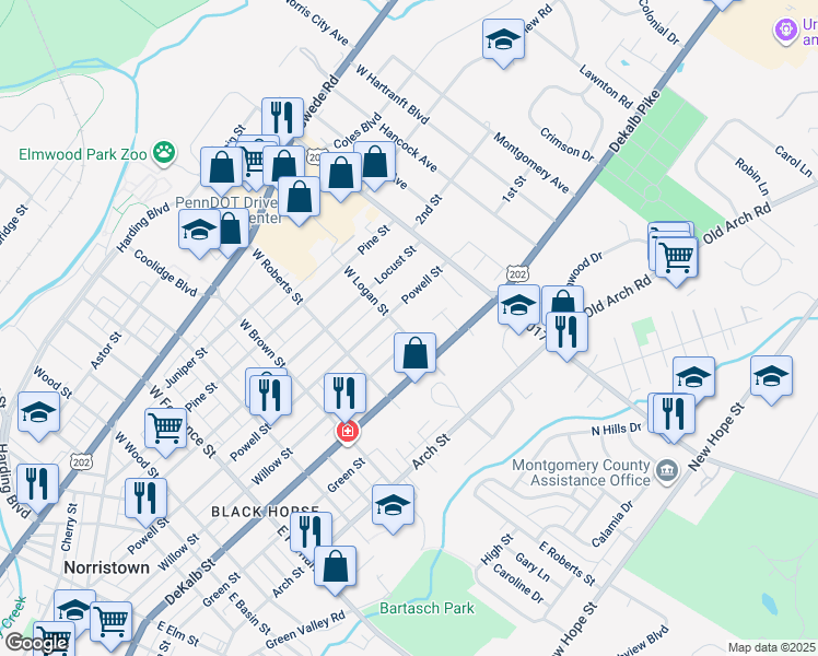map of restaurants, bars, coffee shops, grocery stores, and more near 5 East Logan Street in Norristown