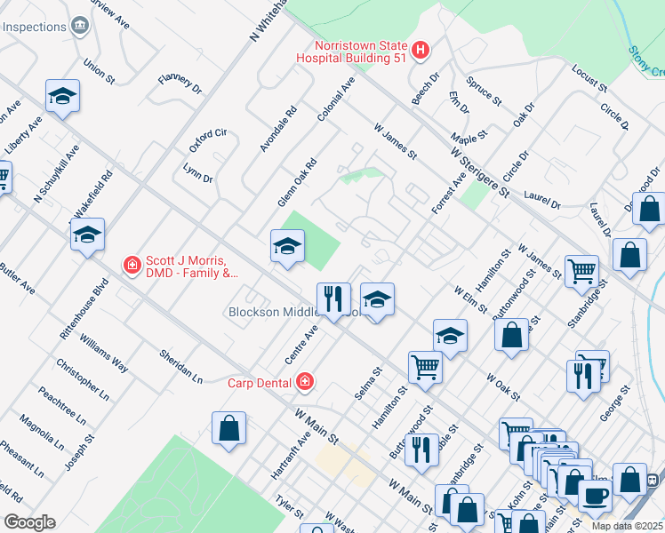map of restaurants, bars, coffee shops, grocery stores, and more near 205 Centre Avenue in Eagleville