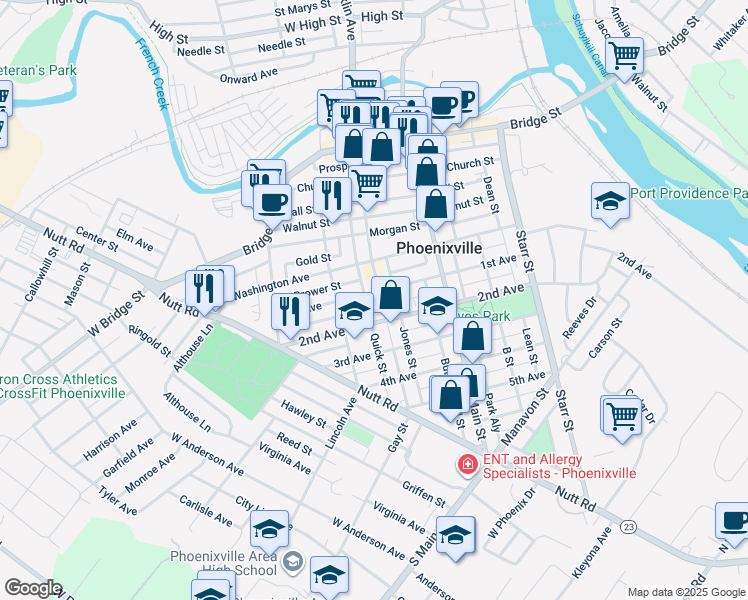 map of restaurants, bars, coffee shops, grocery stores, and more near 324 Gay Street in Phoenixville