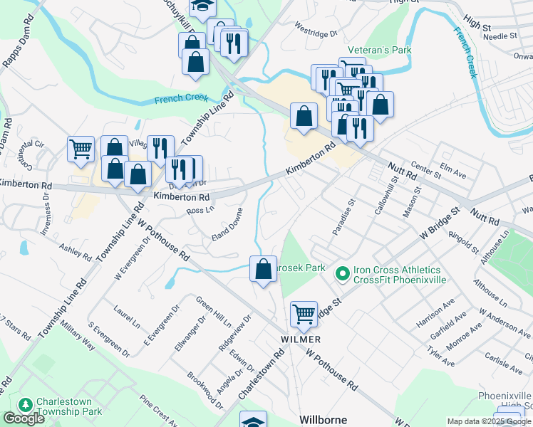 map of restaurants, bars, coffee shops, grocery stores, and more near 800 Kimberton Road in Phoenixville