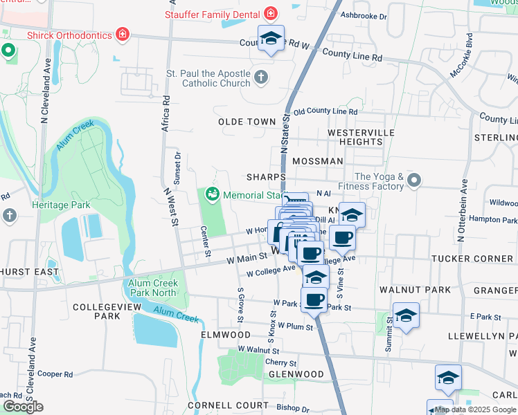 map of restaurants, bars, coffee shops, grocery stores, and more near 70 West Home Street in Westerville