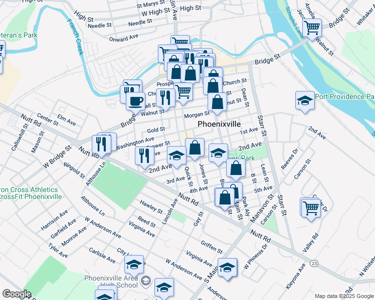 map of restaurants, bars, coffee shops, grocery stores, and more near 304 Gay Street in Phoenixville