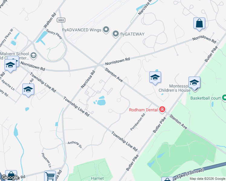 map of restaurants, bars, coffee shops, grocery stores, and more near 1665 Caslon Circle in Blue Bell