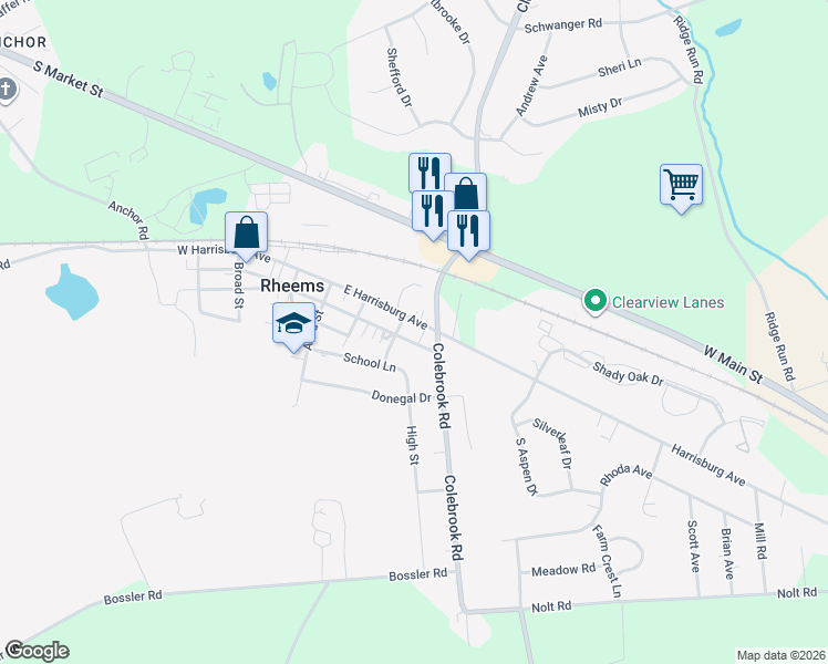 map of restaurants, bars, coffee shops, grocery stores, and more near 158 Libhart Alley in Elizabethtown