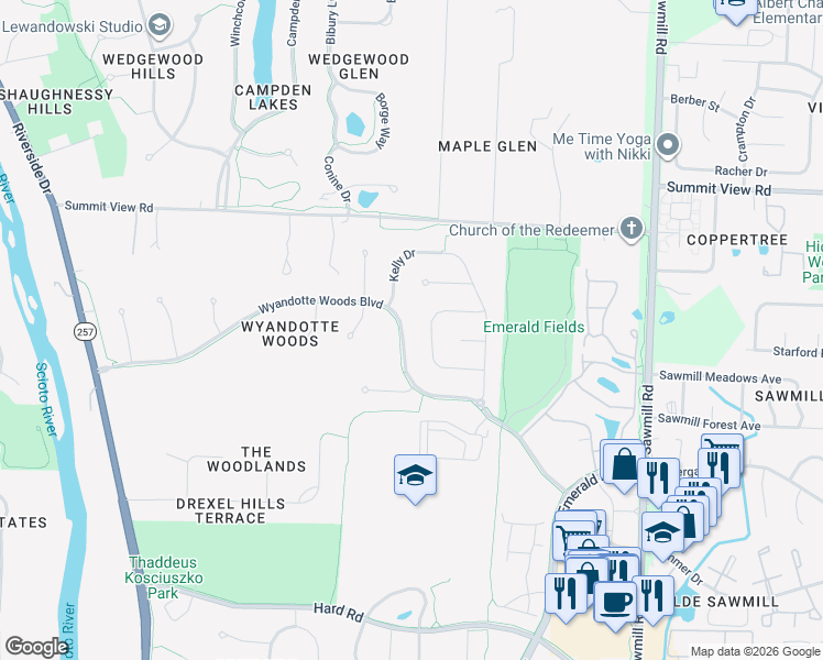 map of restaurants, bars, coffee shops, grocery stores, and more near 4152 Wyandotte Woods Boulevard in Dublin