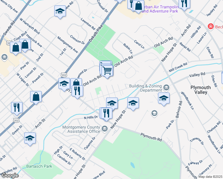 map of restaurants, bars, coffee shops, grocery stores, and more near 319 Warsaw Street in East Norriton