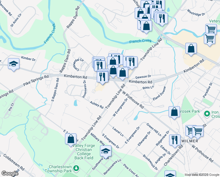 map of restaurants, bars, coffee shops, grocery stores, and more near 708 Pothouse Road in Phoenixville