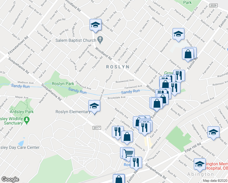 map of restaurants, bars, coffee shops, grocery stores, and more near 2580 Fernwood Avenue in Abington
