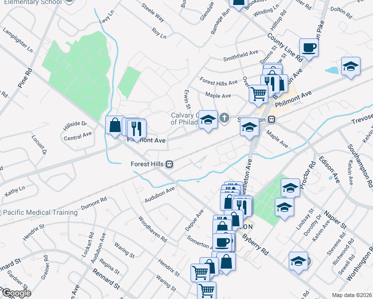 map of restaurants, bars, coffee shops, grocery stores, and more near 13078 Blakeslee Drive in Philadelphia