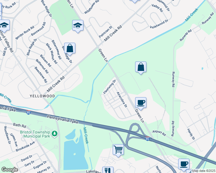map of restaurants, bars, coffee shops, grocery stores, and more near 5725 Fleetwing Drive in Levittown