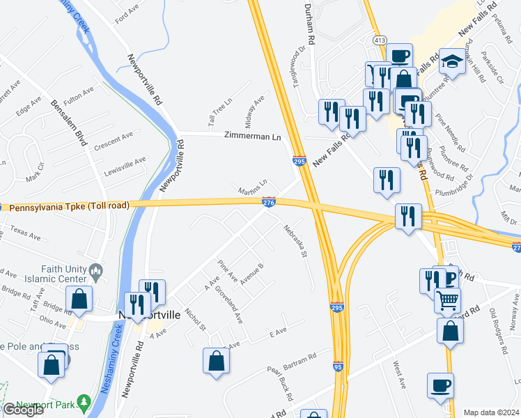 map of restaurants, bars, coffee shops, grocery stores, and more near 2905 New Falls Road in Levittown