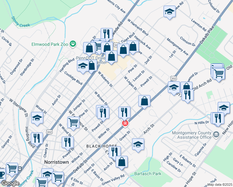 map of restaurants, bars, coffee shops, grocery stores, and more near 1651 Locust Street in Norristown