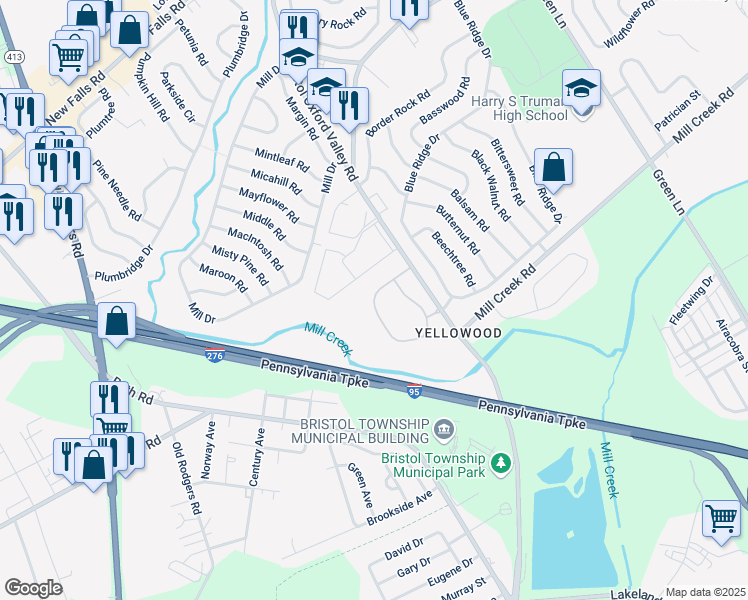 map of restaurants, bars, coffee shops, grocery stores, and more near 209 Jennifer Court in Levittown