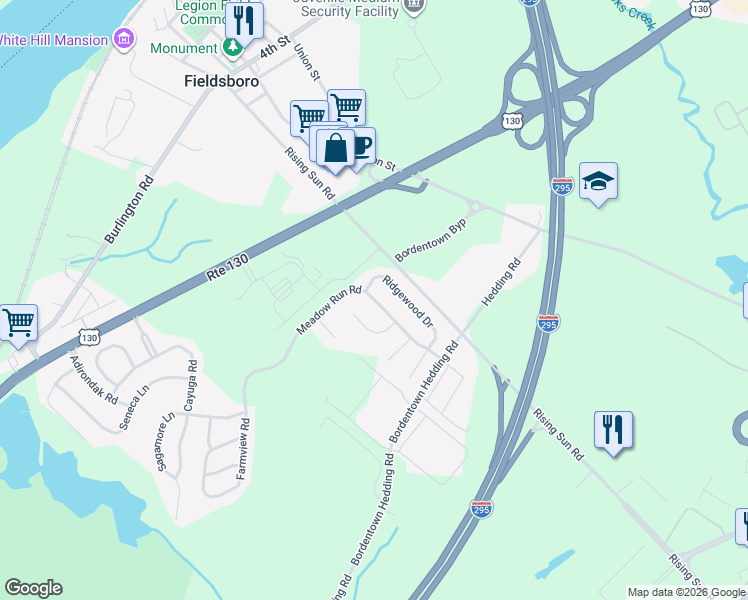 map of restaurants, bars, coffee shops, grocery stores, and more near 41 Meadow Run Road in Bordentown
