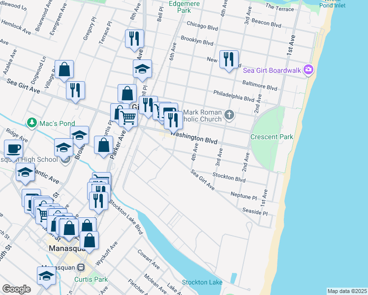 map of restaurants, bars, coffee shops, grocery stores, and more near 402 Trenton Boulevard in Sea Girt