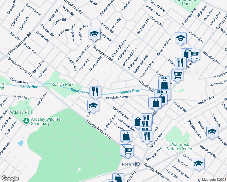 map of restaurants, bars, coffee shops, grocery stores, and more near 2580 Fernwood Avenue in Abington