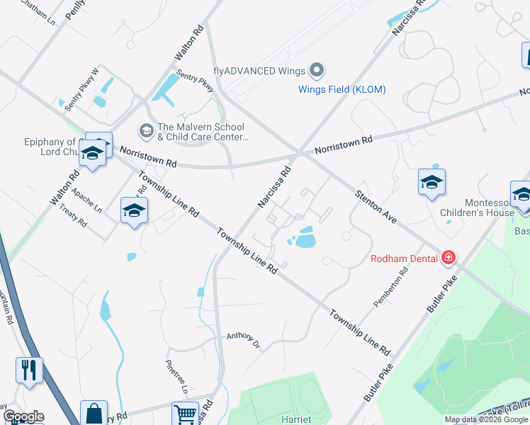 map of restaurants, bars, coffee shops, grocery stores, and more near 460-470 Norristown Road in Blue Bell