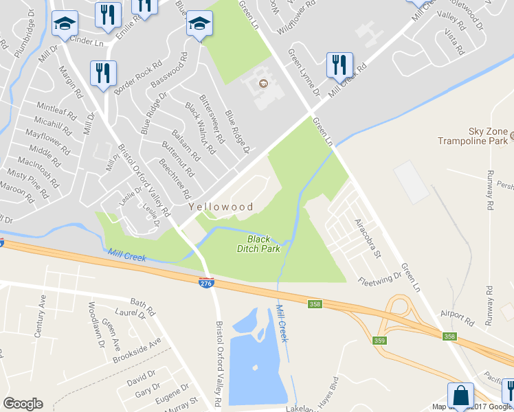 map of restaurants, bars, coffee shops, grocery stores, and more near 50 Yellowood Drive in Levittown