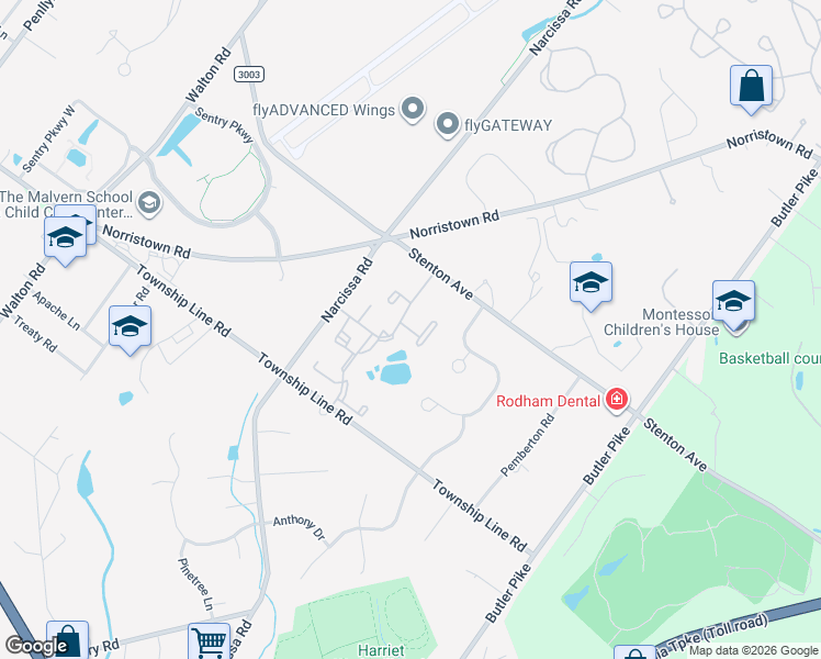 map of restaurants, bars, coffee shops, grocery stores, and more near 36 Yorktown Court in Blue Bell