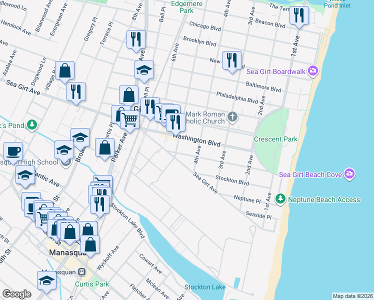 map of restaurants, bars, coffee shops, grocery stores, and more near 406 Washington Boulevard in Sea Girt