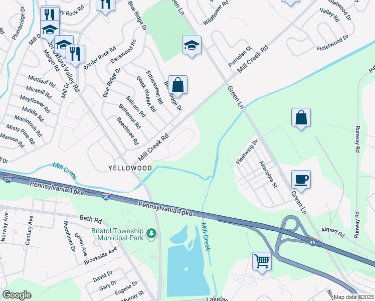 map of restaurants, bars, coffee shops, grocery stores, and more near 50 Yellowood Drive in Levittown