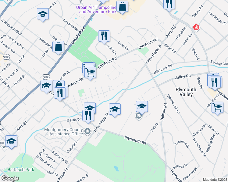 map of restaurants, bars, coffee shops, grocery stores, and more near 438 Saw Mill Court in Norristown