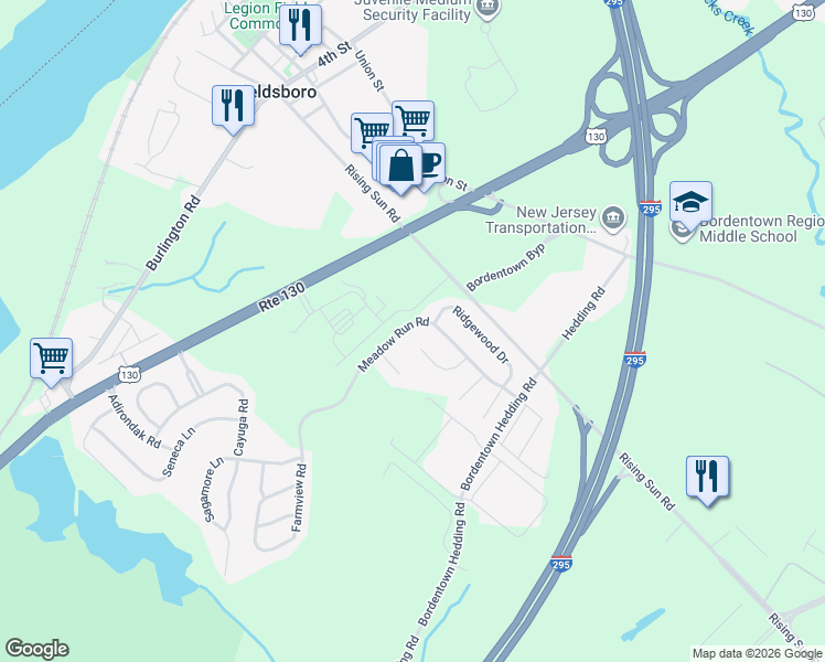 map of restaurants, bars, coffee shops, grocery stores, and more near 29 Meadow Run Road in Bordentown