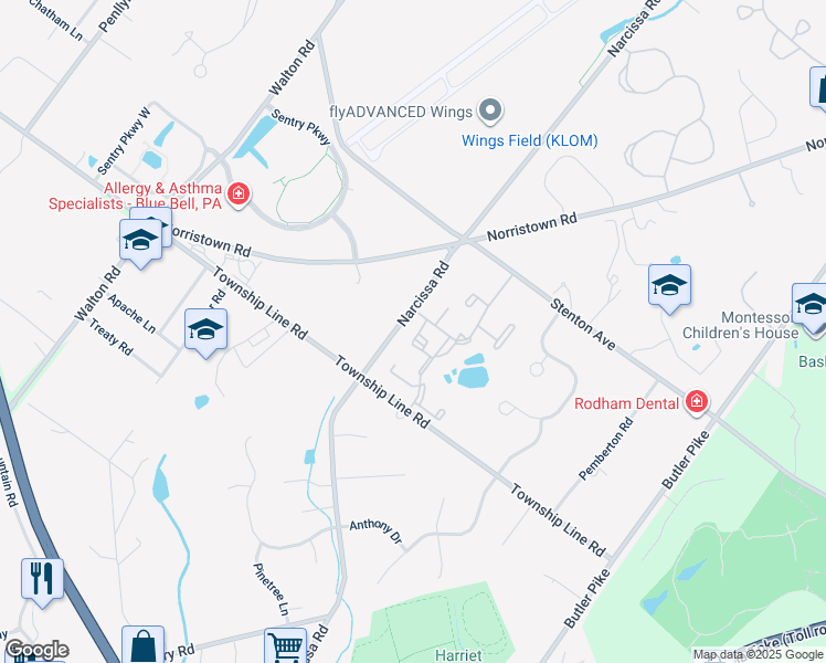 map of restaurants, bars, coffee shops, grocery stores, and more near 6 Coventry Court in Blue Bell