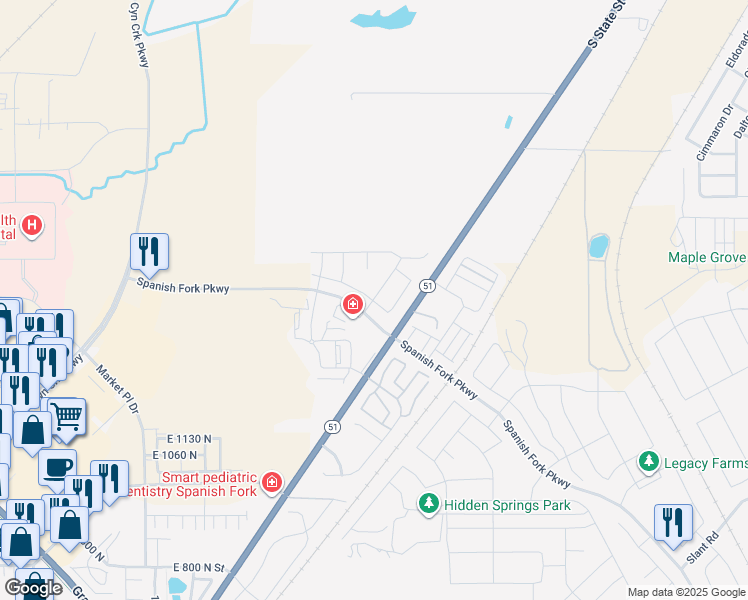 map of restaurants, bars, coffee shops, grocery stores, and more near North Woodside Drive in Spanish Fork