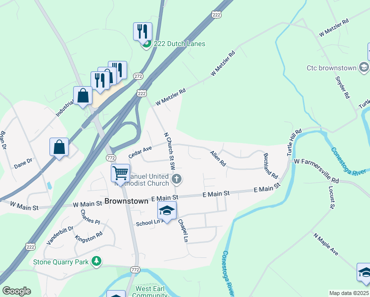 map of restaurants, bars, coffee shops, grocery stores, and more near 26 Wolf Circle in Ephrata