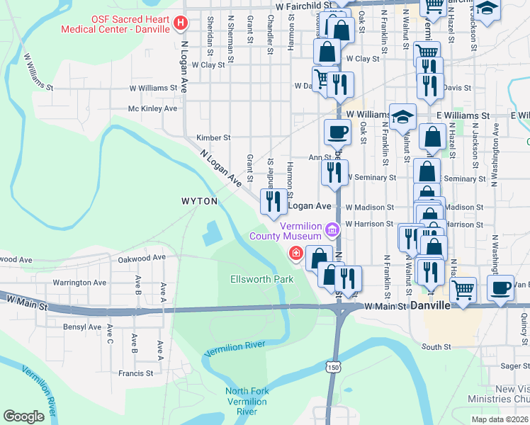 map of restaurants, bars, coffee shops, grocery stores, and more near 301-399 North Logan Avenue in Danville