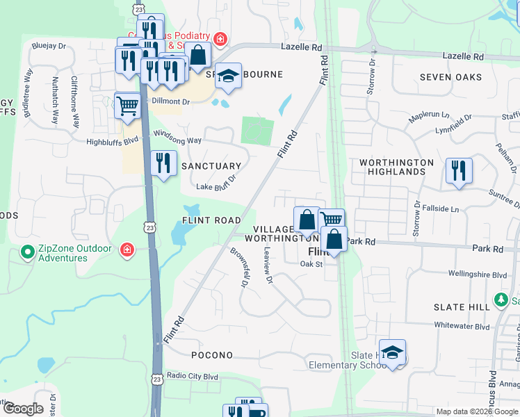 map of restaurants, bars, coffee shops, grocery stores, and more near 8069 Flint Road in Columbus